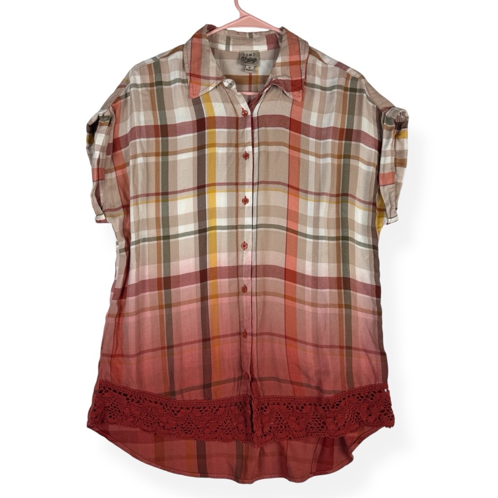 Como Vintage Button Down Top Womens M Medium‎ Cap Sleeve Plaid Lace Hem Orange